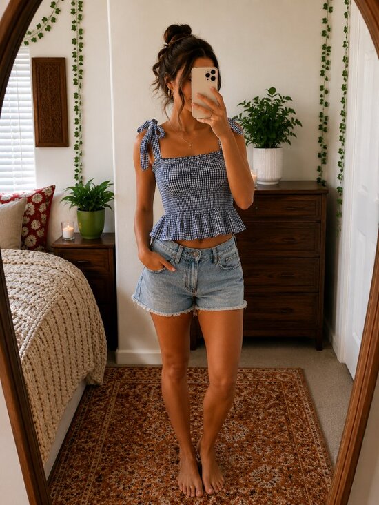 Forever 21 Tops - Forever 21 Gingham Smocked Peplum Tank Blue White Small